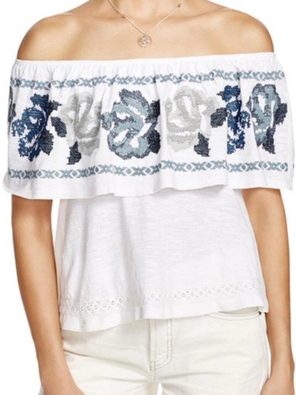 Free People "To The Left" Embroidered Off-The-Shoulder Blouse Size Large
